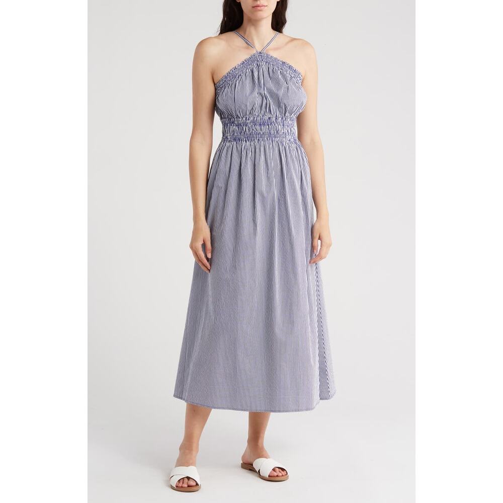 Rachel Parcell Stripe Halter Neck Stretch Cotton Poplin Midi Dress XL coastal